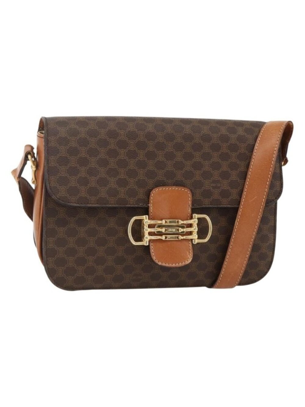 Authentic CELINE Macadam Canvas Horsebit Shoulder Bag PVC Leather Brown Gold